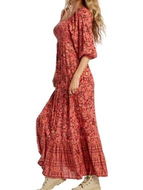 Billabong Coral Floral Tiered Maxi Dress with Puff Sleeves